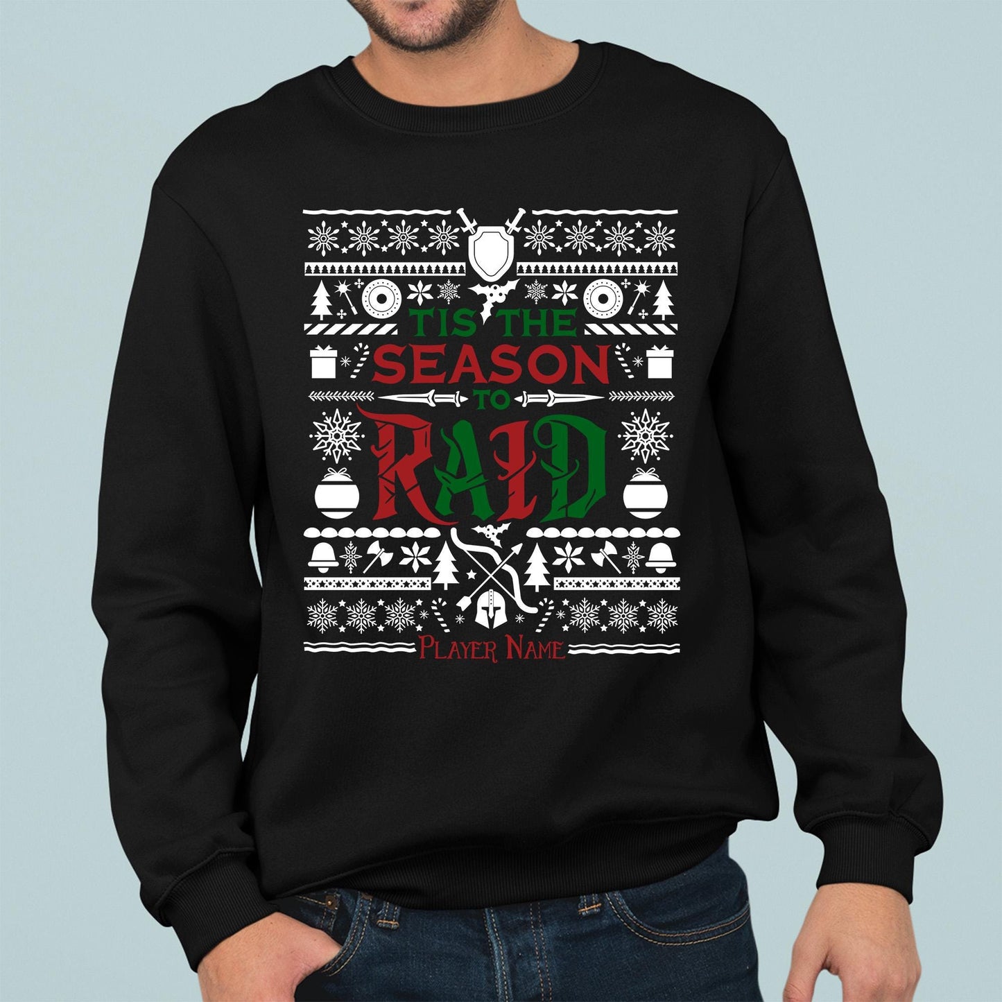Personalize Tis the Season to Raid Christmas Sweater, World of Warcraft Christmas Holiday Sweatshirt Nerdy Gamer WoW DnD MTG Holiday Gift