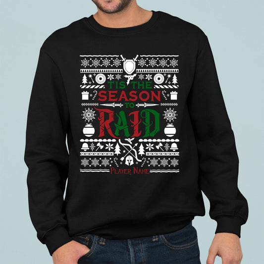 Personalize Tis the Season to Raid Christmas Sweater, World of Warcraft Christmas Holiday Sweatshirt Nerdy Gamer WoW DnD MTG Holiday Gift