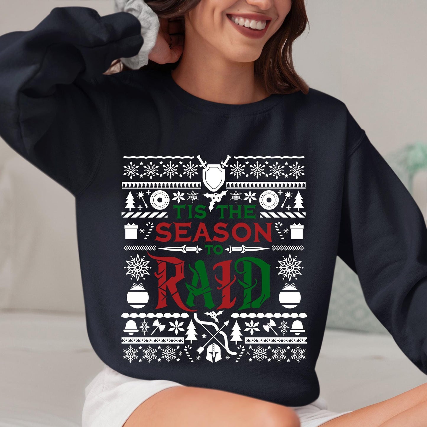 Personalize Tis the Season to Raid Christmas Sweater, World of Warcraft Christmas Holiday Sweatshirt Nerdy Gamer WoW DnD MTG Holiday Gift