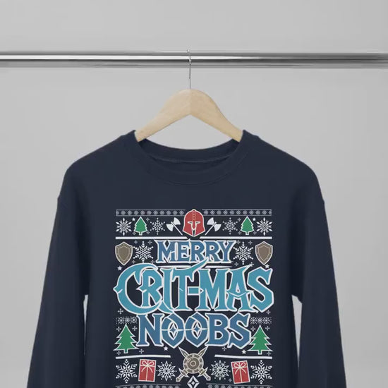 Merry Crit-Mas Noobs Ugly Christmas Sweater, Warcraft Gamer Holiday Sweatshirt WoW D&D MTG Holiday Cozy Sweatshirt Nerd Fantasy Gaming Gift