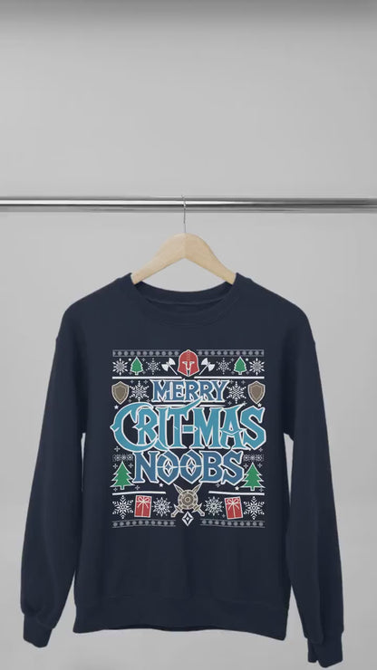 Merry Crit-Mas Noobs Ugly Christmas Sweater, Warcraft Gamer Holiday Sweatshirt WoW D&D MTG Holiday Cozy Sweatshirt Nerd Fantasy Gaming Gift
