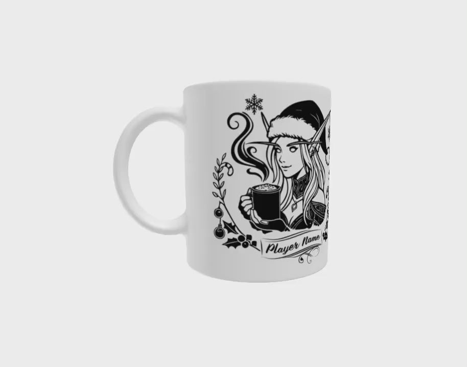 Personalize Powered by Hot Cocoa Gamer Girl Coffee Mug, World of Warcraft Gamer Girl Mug WoW D&D MTG Christmas Gamer Gift Holiday Gaming Cup