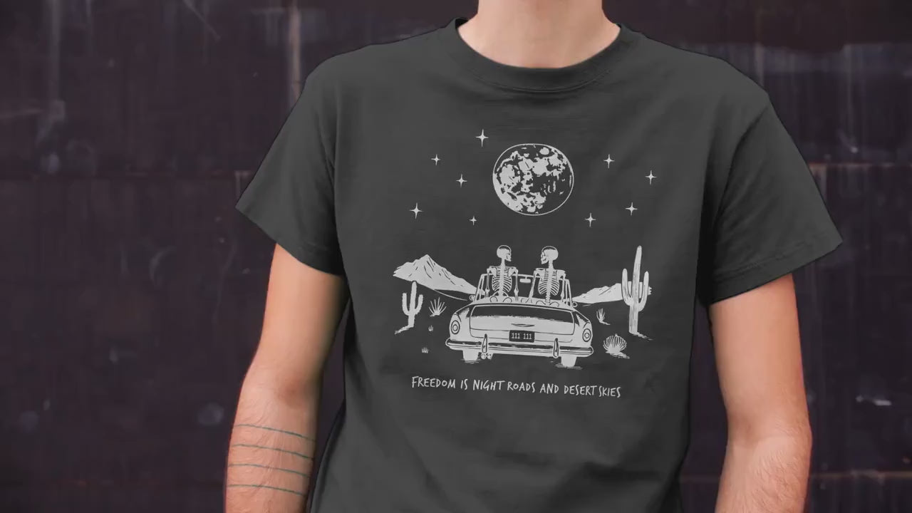 Freedom Is Night Roads & Desert Skies Skeleton Shirt, Western Gothic Graphic Tee, Boho Country Road Trip Gift Emo Alt Goth Cowboy Apparel