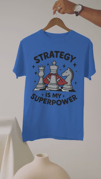 Strategy is My Superpower Chess Kids Shirt, Funny Chess Player Shirt Checkmate Chess Club Gift Tee for Boys Girls Geek Nerdy Gamer TShirt